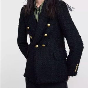 Never worn; ZARA BLACK TWEED BLAZER WITH BUTTONS